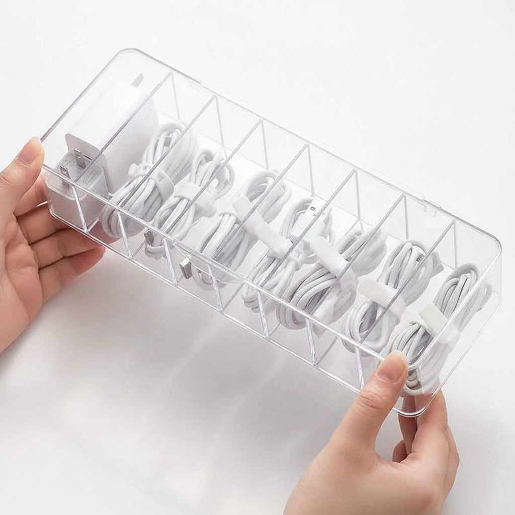 Clear cable organizer with white cables on a wooden surface