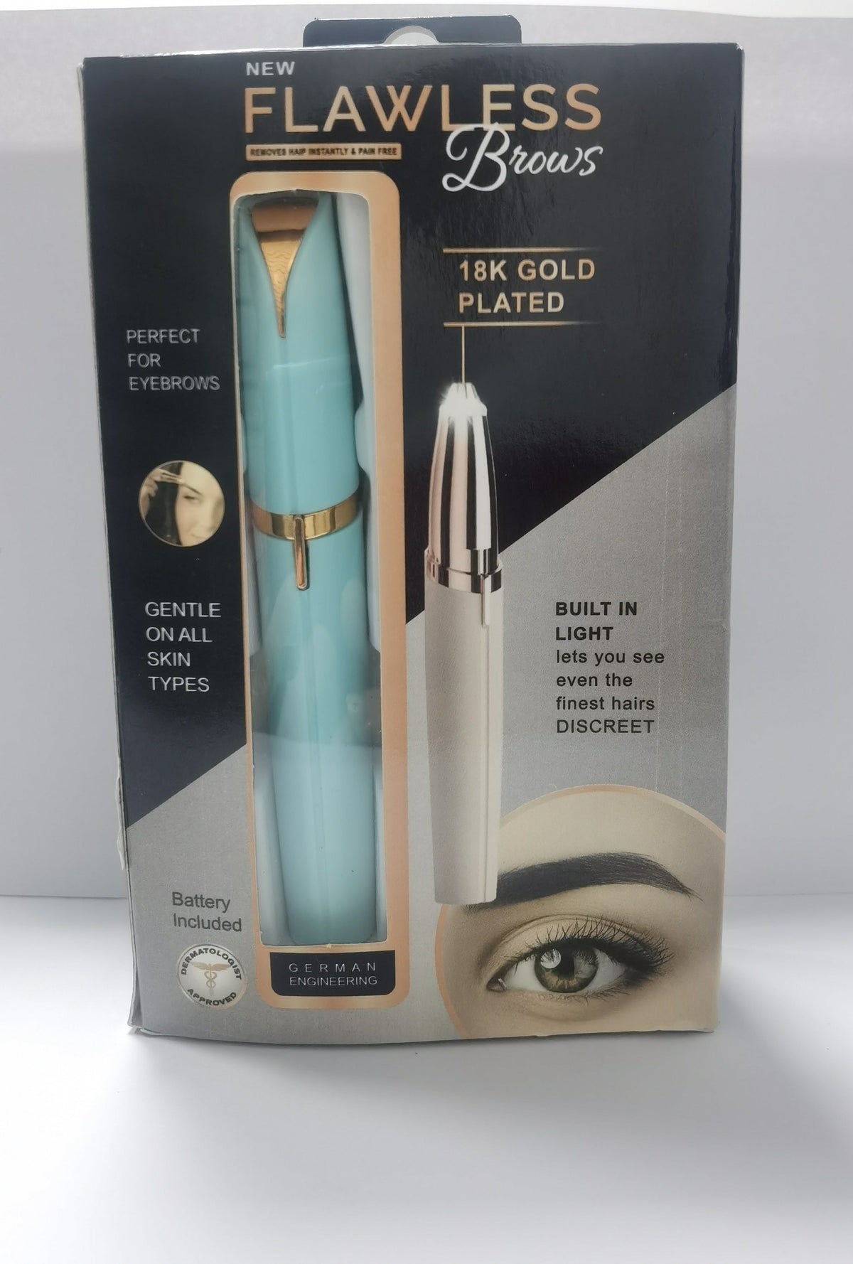 New Flawless Brows eyebrow pen kit in its original retail packaging, featuring a light blue pen with gold accents and a silver mirror pen, on a white background.