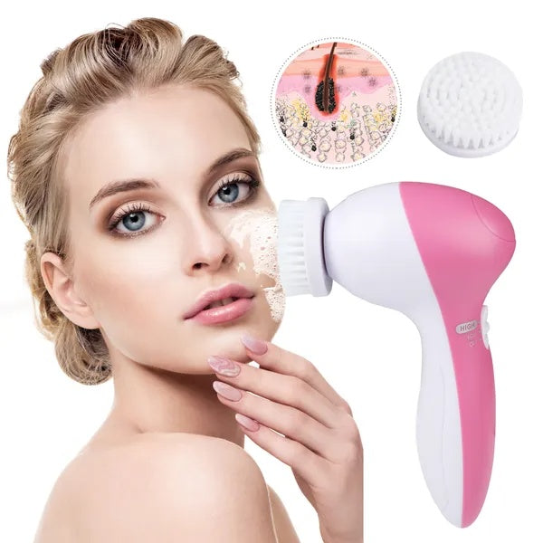 Woman using a pink and white facial cleansing brush with inset images of a close-up of the brush head and a side view.