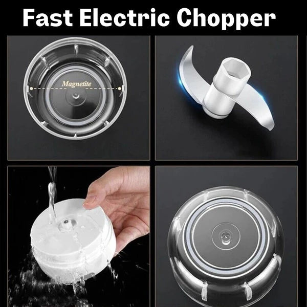 Fast Electric Chopper with magnetic base and blade components on a black background