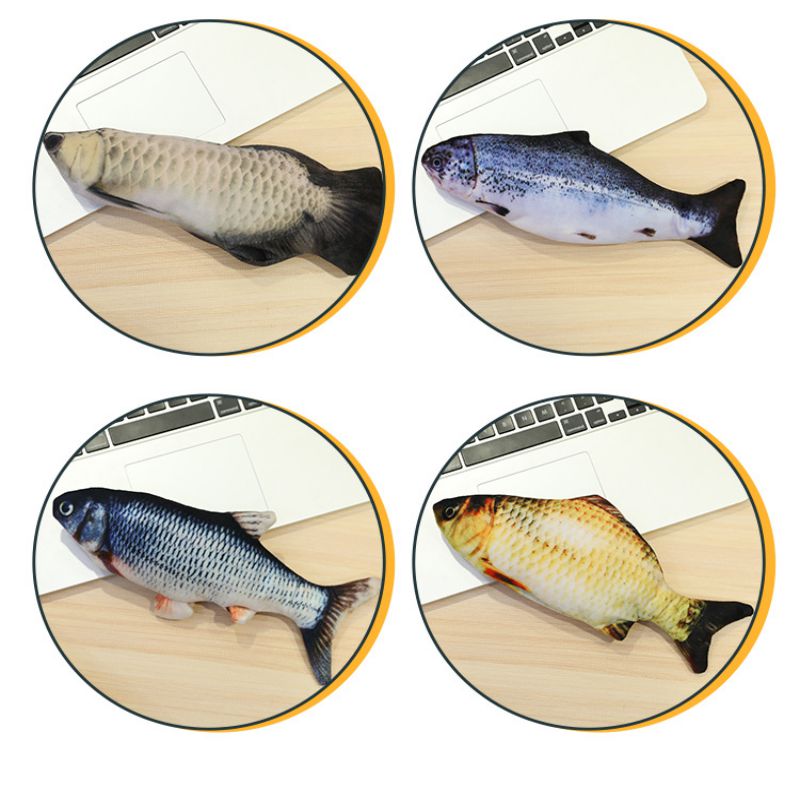 Four circular images of fish toys on a wooden surface.