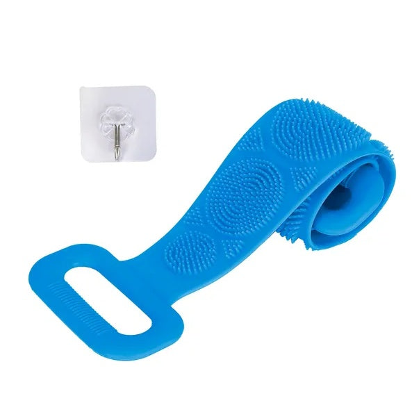 A bright blue silicone door stopper with a textured grip and a small clear suction cup accessory, shown on a plain white background.