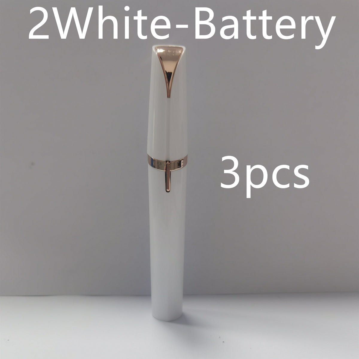 A white pen-style battery with rose gold metallic accents, shown upright against a plain light gray background. White text overlays read '2White-Battery' at the top and '3pcs' on the right, indicating a pack of three batteries.