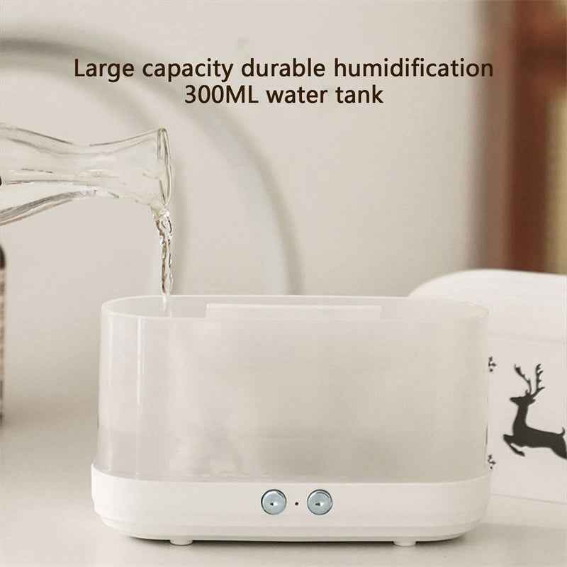 A white and frosted humidifier with a clear water tank, shown with water being poured into it from a glass pitcher. Text at the top reads 'Large capacity durable humidification 300ML water tank'.