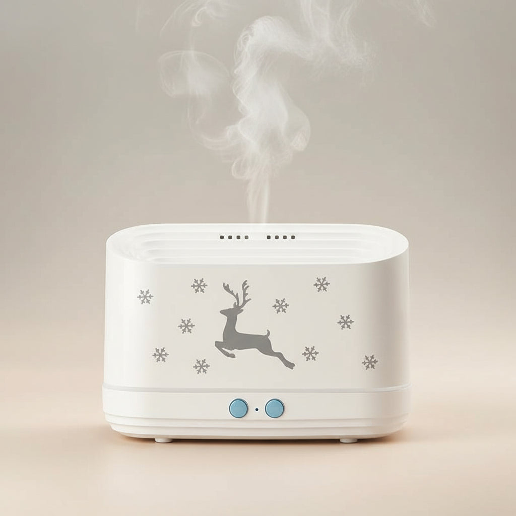 White electronic device with deer and snowflake design on a white background