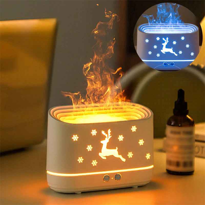Decorative lamp with reindeer design on a table, emitting flames.