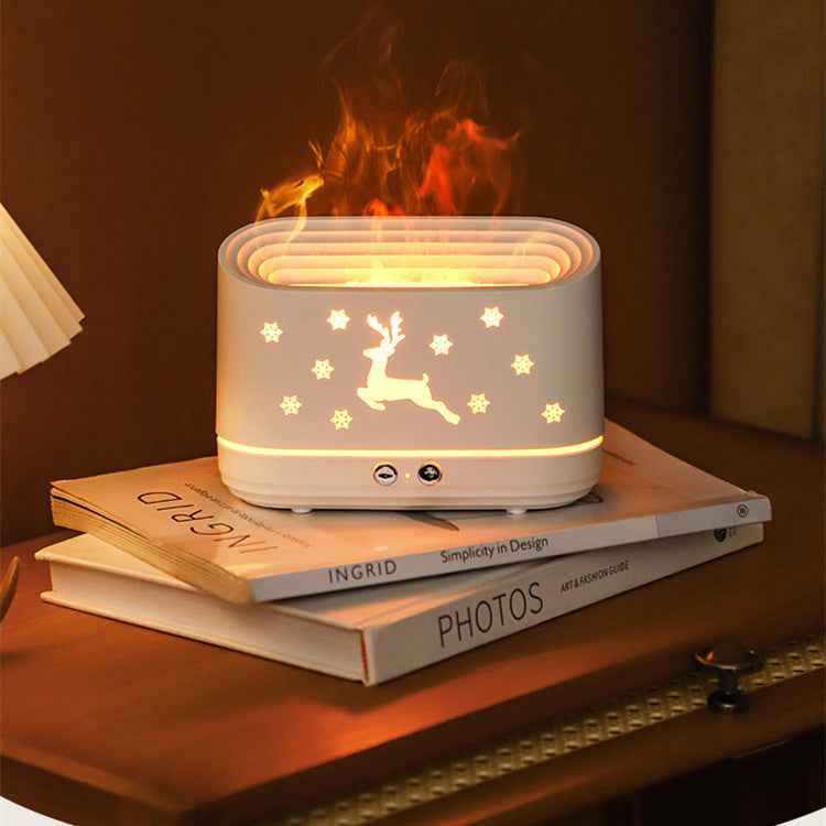 Decorative lamp with flame effect on top of books