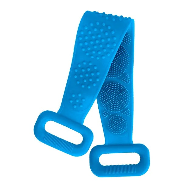 A bright blue silicone strap with textured circular and dotted patterns and two matching plastic buckle ends, shown on a plain white background.