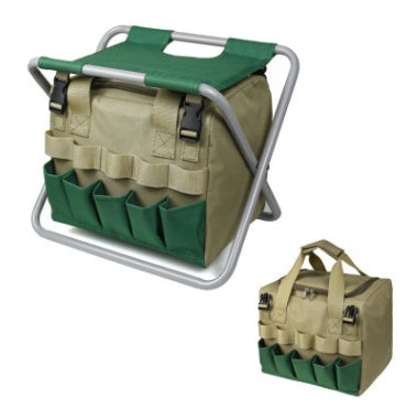 Green and beige folding stool with multiple pockets on a white background