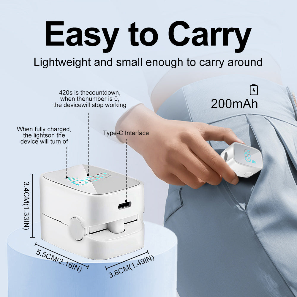Small electronic device with charging cable, labeled 'Easy to Carry' and 'Lightweight', held by a hand.