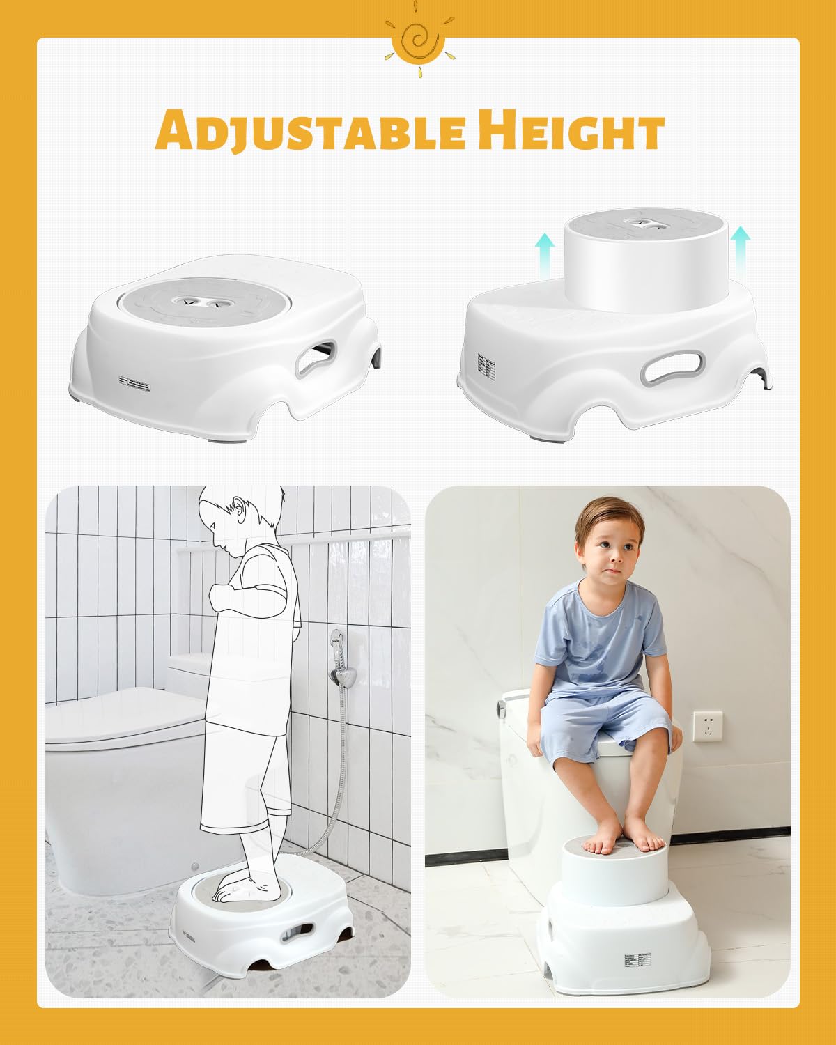 Adjustable height stool with images of a person and a child using it in a bathroom setting.