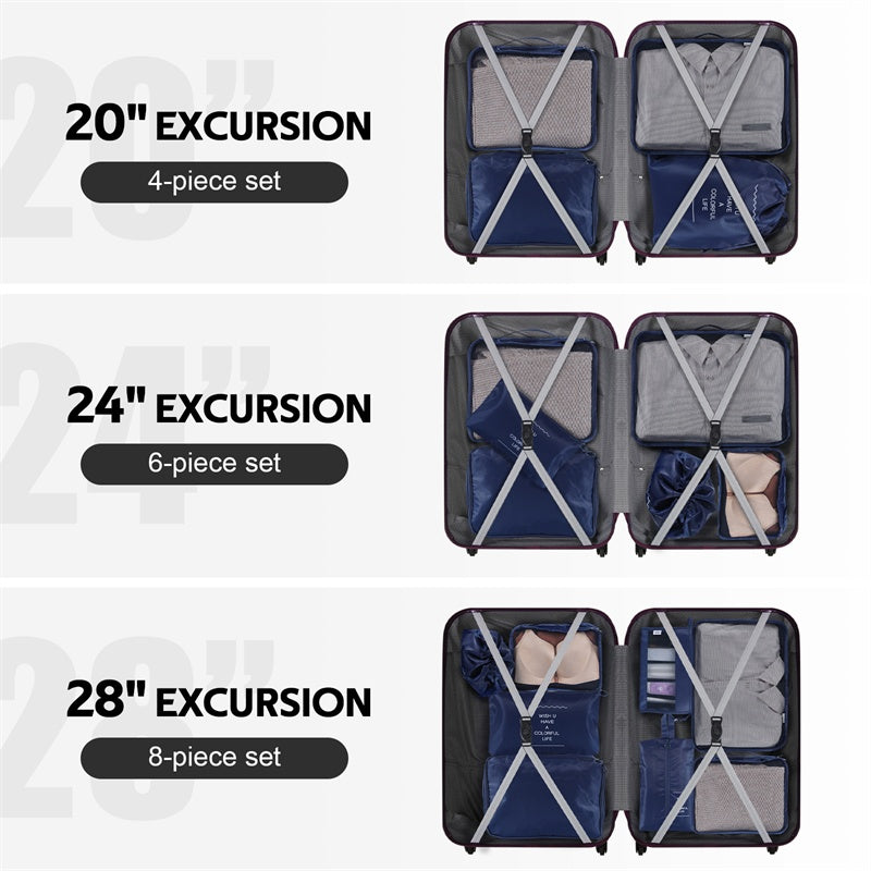 Set of three open packing cubes with labeled dimensions and piece sets on a white background.