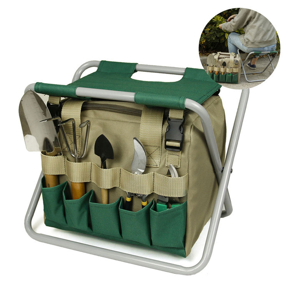 Gardening stool with tool holder and additional tools on a white background