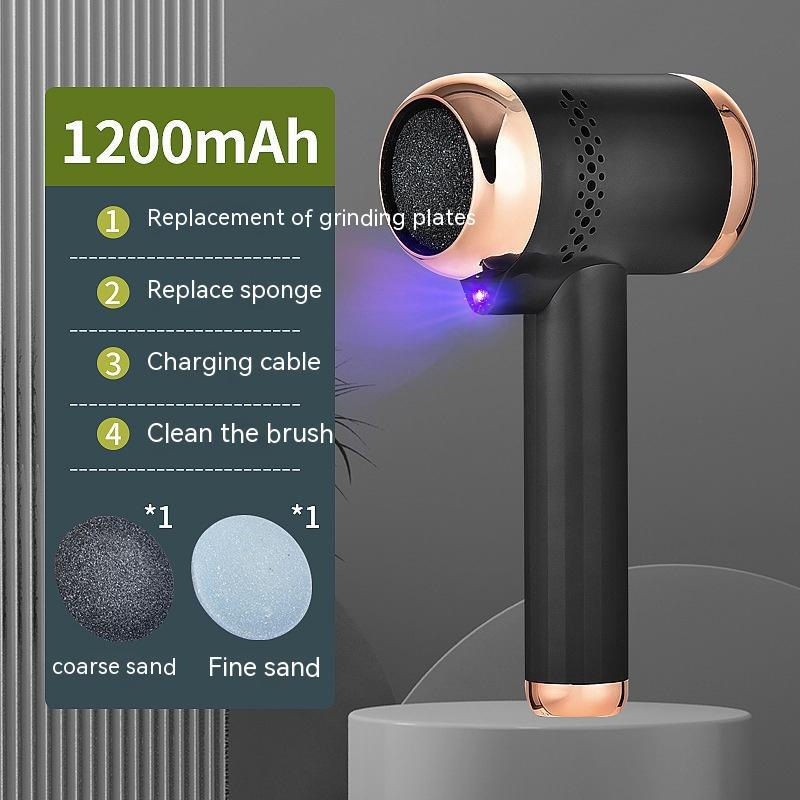 Black and rose gold handheld tool with cleaning instructions on a gray background