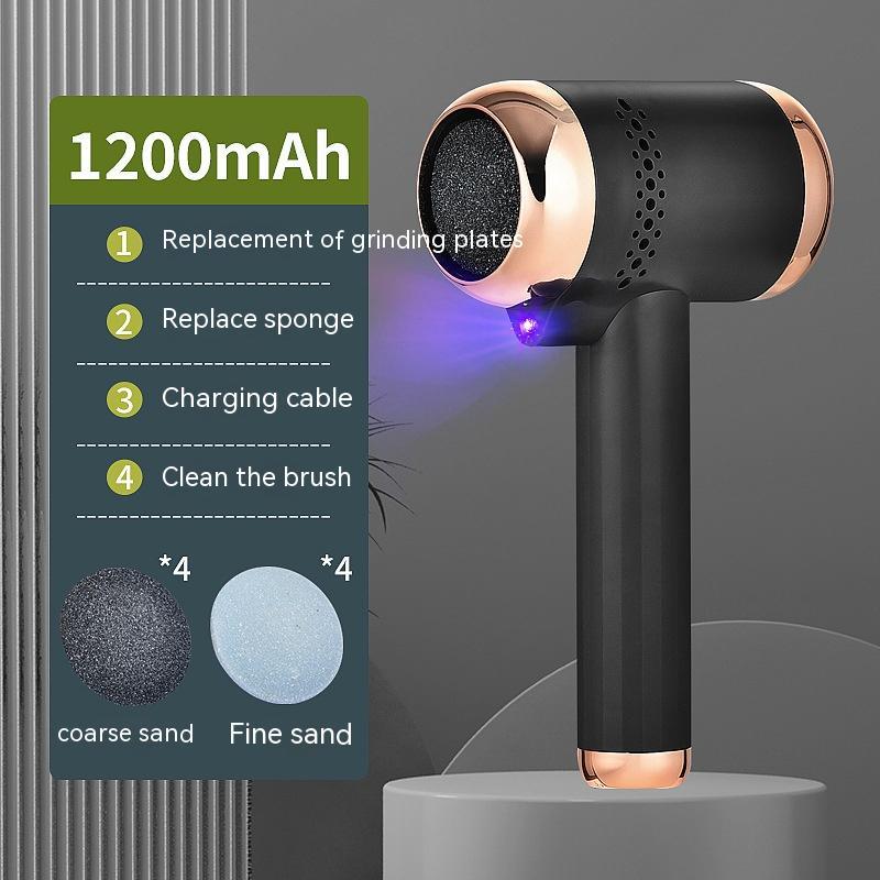 Black and rose gold handheld tool with cleaning instructions on a gray background