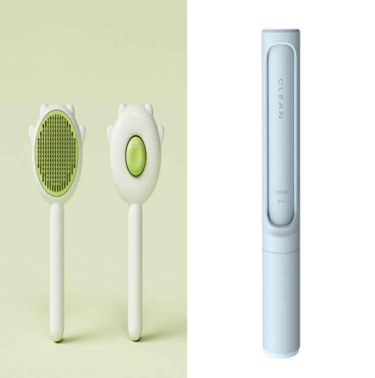 Pet grooming tool set with two brushes and a cylindrical device on a light green and white background.