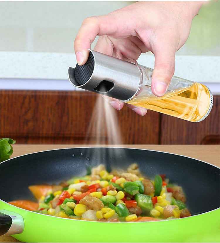 Hand using a salt shaker over a pan of stir-fry vegetables.