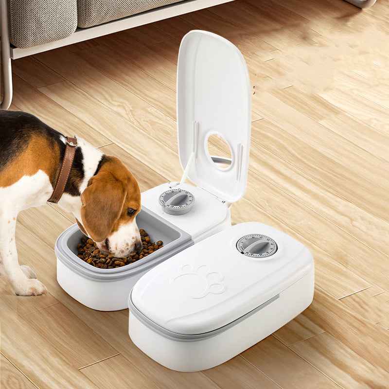 Dog eating from a white pet feeder on a wooden floor