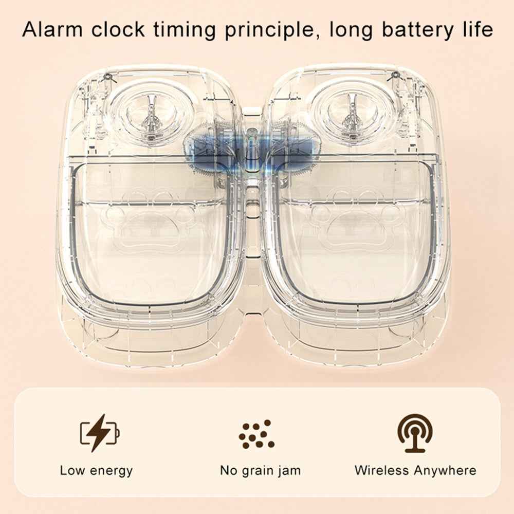 Clear alarm clock mechanism with text on a pink background