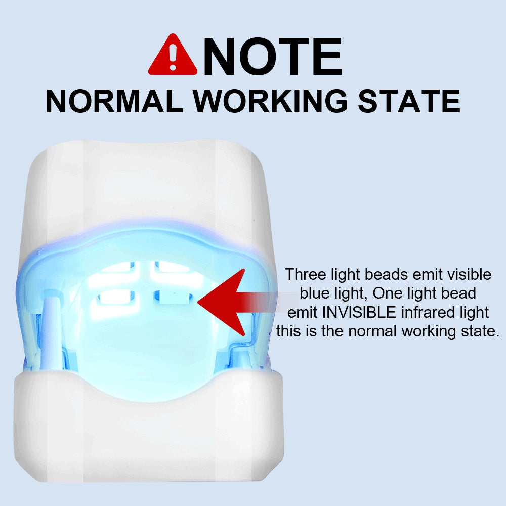 Glow product with text indicating normal working state and light emission details on a light blue background.