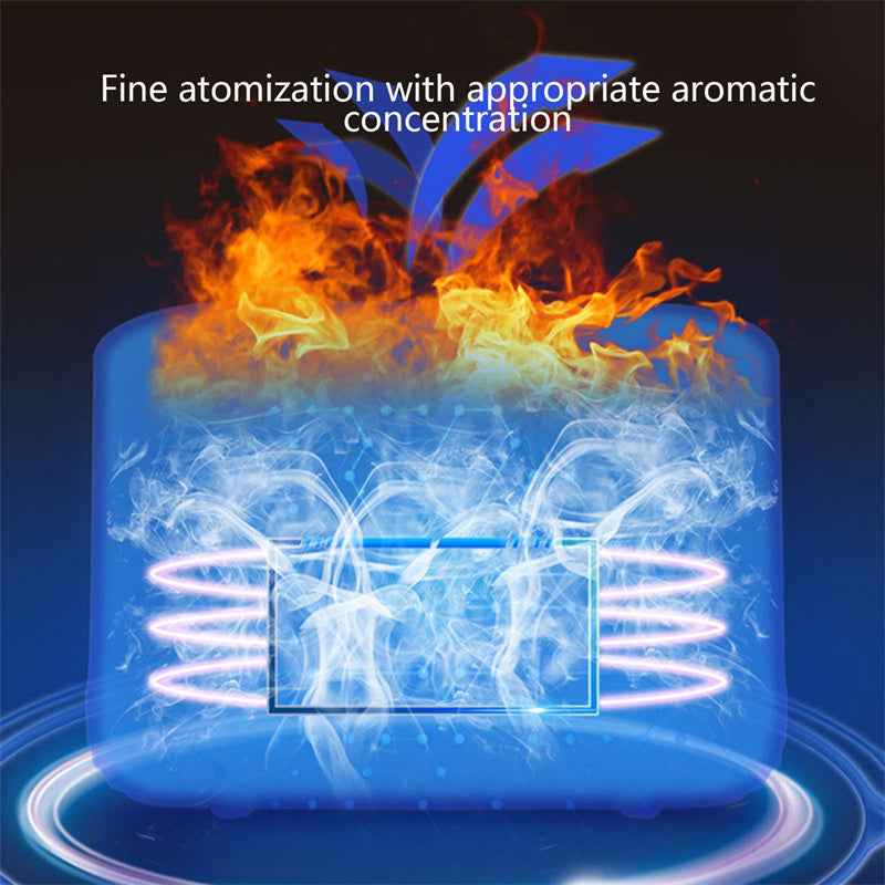 A blue cylindrical atomizer device with glowing internal coils and smoke effects, topped with orange and yellow flames, on a dark background with the text 'Fine atomization with appropriate aromatic concentration'.