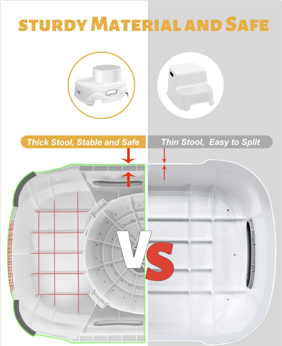 A split comparison graphic showing a white plastic step stool and its thick, reinforced bottom compared with a thin, weaker version. The image includes text labels, arrows, and a large red 'VS' in the center, with the headline 'STURDY MATERIAL AND SAFE' at the top.