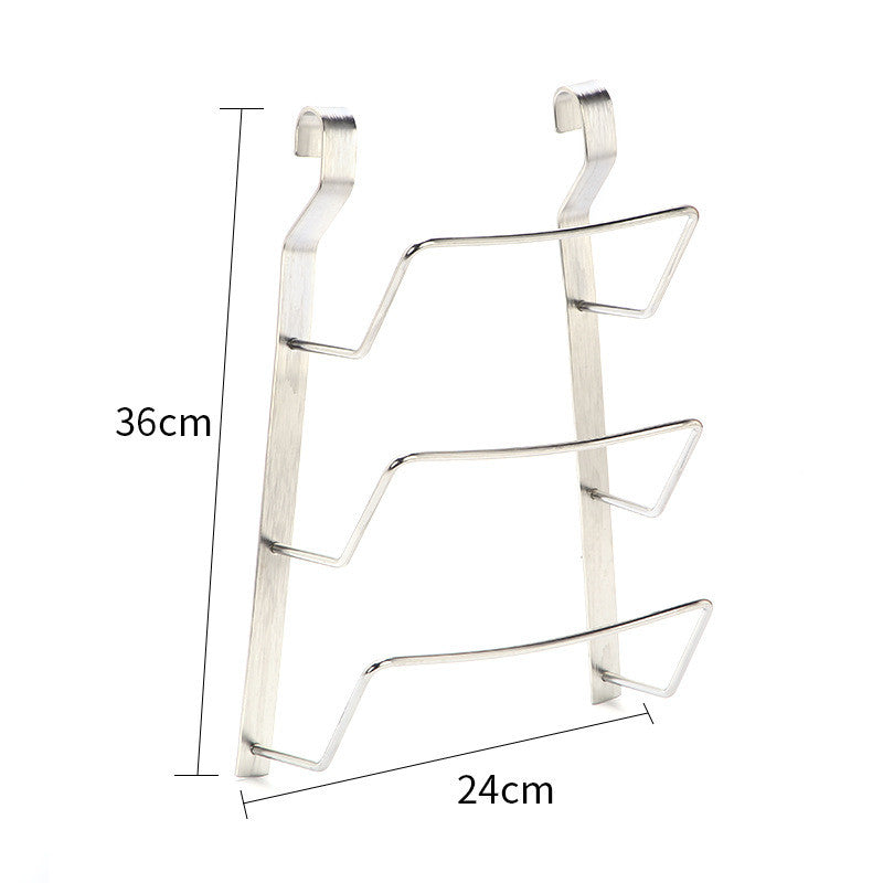 A stainless steel over-the-door wire rack with three tiers, shown with dimension labels indicating a height of 36cm and a width of 24cm on a white background.