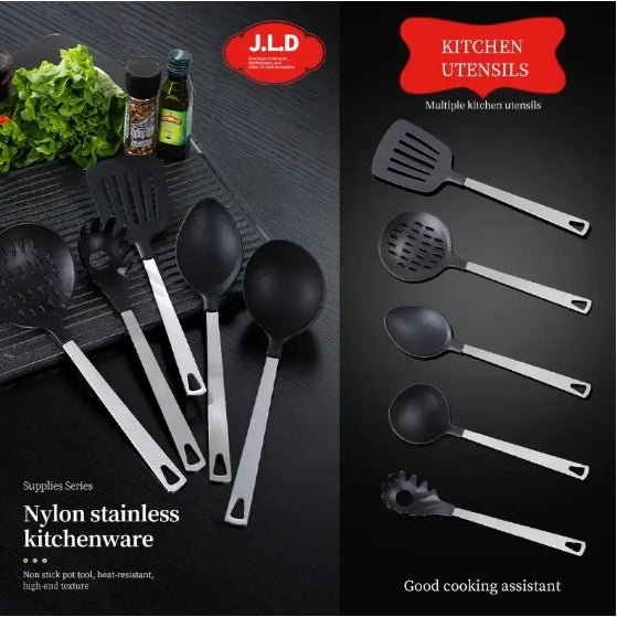 Six-piece nylon stainless steel kitchen utensil set with black heads and silver handles, displayed on a dark background with food props and text overlays.