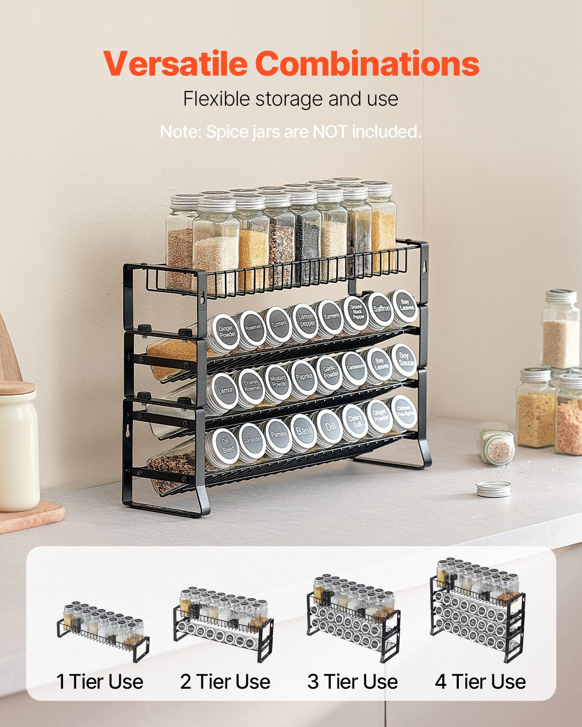 A black metal multi-tier spice rack shown on a kitchen counter with several clear spice jars placed on and inside the rack. Text at the top reads 'Versatile Combinations' and 'Flexible storage and use.