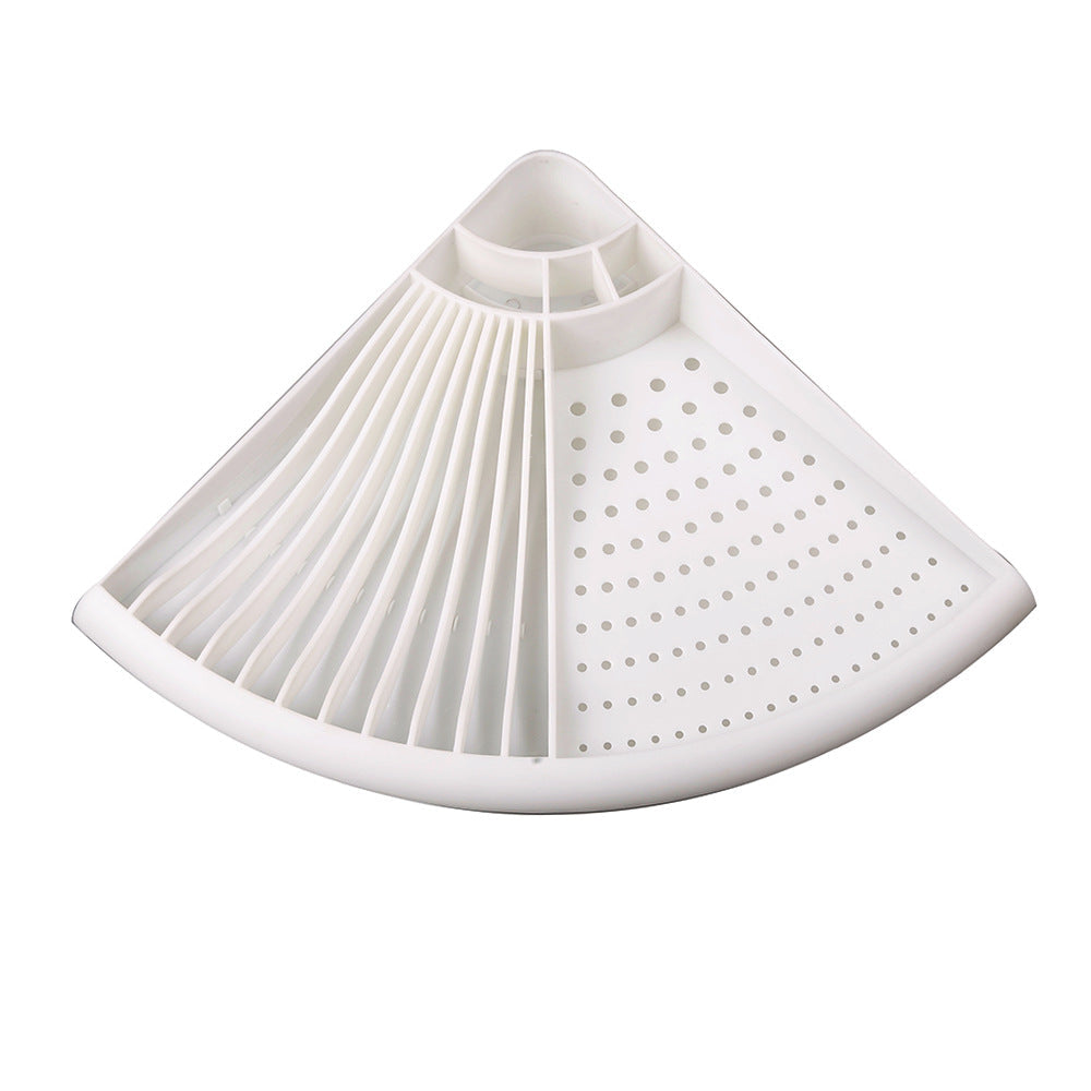 A white plastic kitchen drain basket with a pleated section on one side and a perforated section on the other, shown on a solid white background.