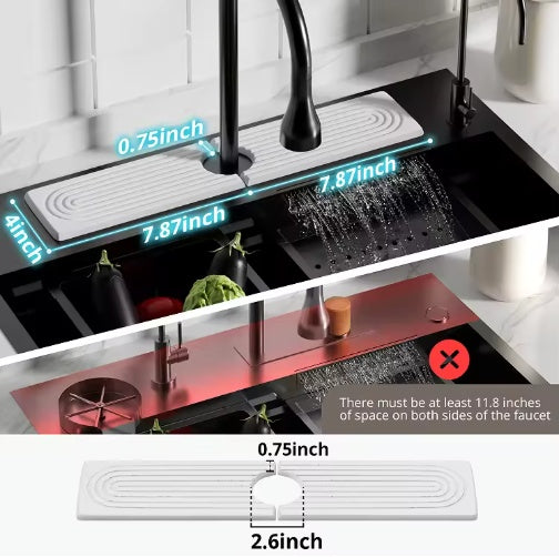 Kitchen sink with dimensions highlighted and faucet space requirements indicated.