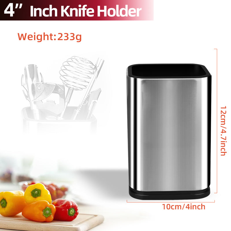Stainless steel knife holder with dimensions and weight information on a white background