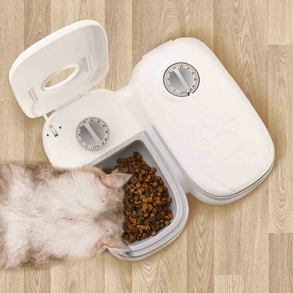 White pet food dispenser with a cat eating from it on a wooden floor