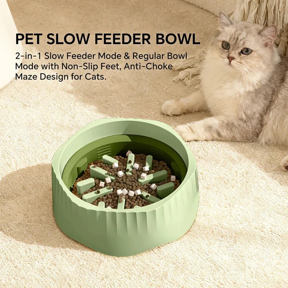 Pet slow feeder bowl with a cat sitting next to it on a carpeted floor.