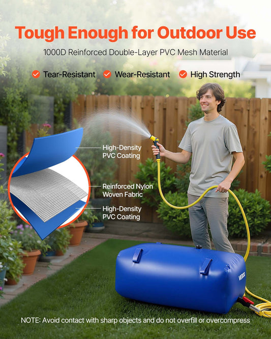 Person using a garden hose with a blue inflatable water tank in an outdoor setting, featuring text about product features.