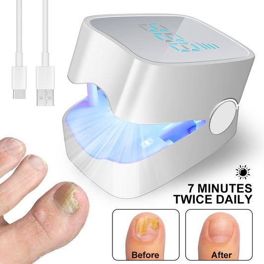 Nail gel polish curing lamp with USB cable, hand showing before and after gel polish application.
