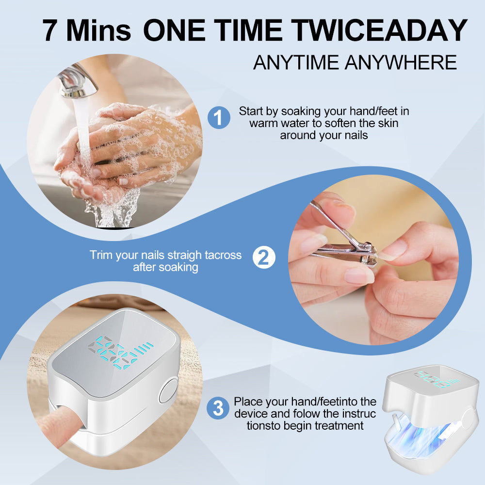 Instructions for using a nail care device with images of hands washing, trimming nails, and using the device.