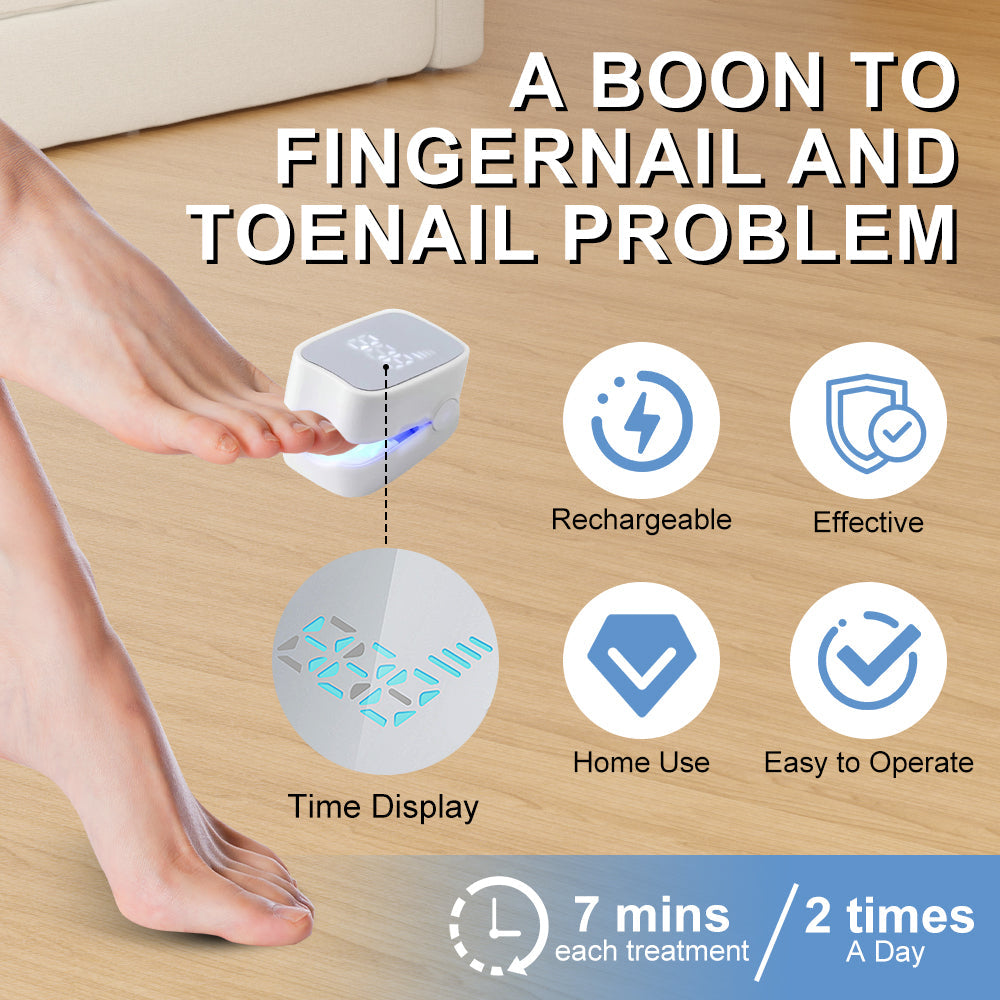 A promotional graphic for a small white handheld device for foot care, shown being used on a person's foot over a wooden floor. Large text reads 'A BOON TO FINGERNAIL AND TOENAIL PROBLEM,' with icons and labels for rechargeable, effective, home use, easy to operate, and 7 mins per treatment, 2 times a day.