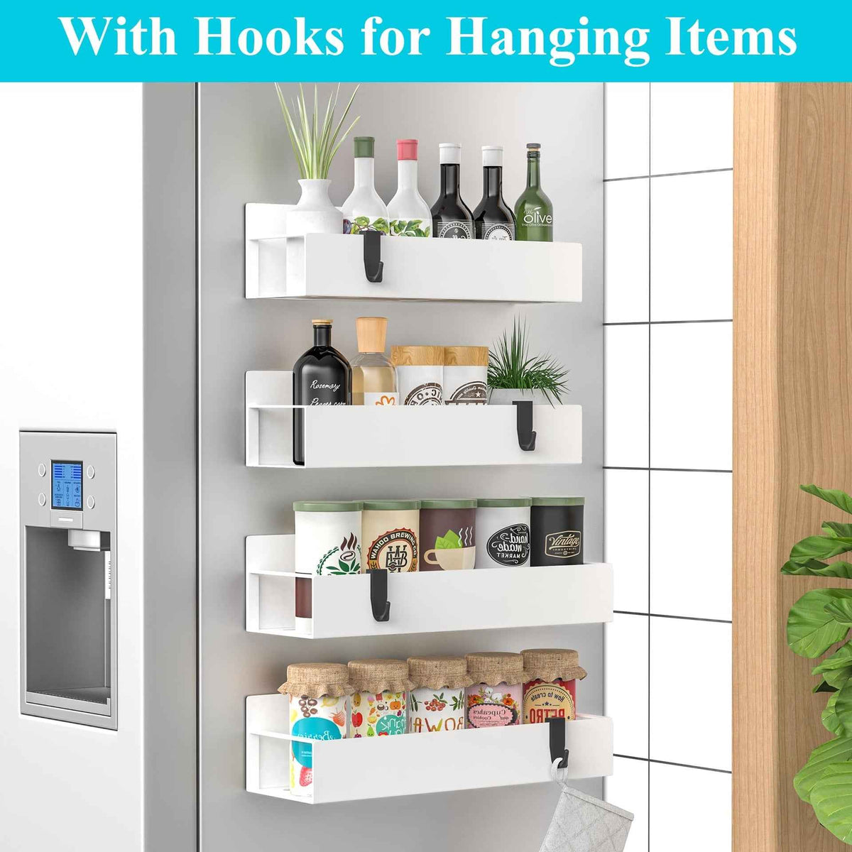 4 Layer Fridge Side Organizer White Magnetic Storage Rack for Kitchen
