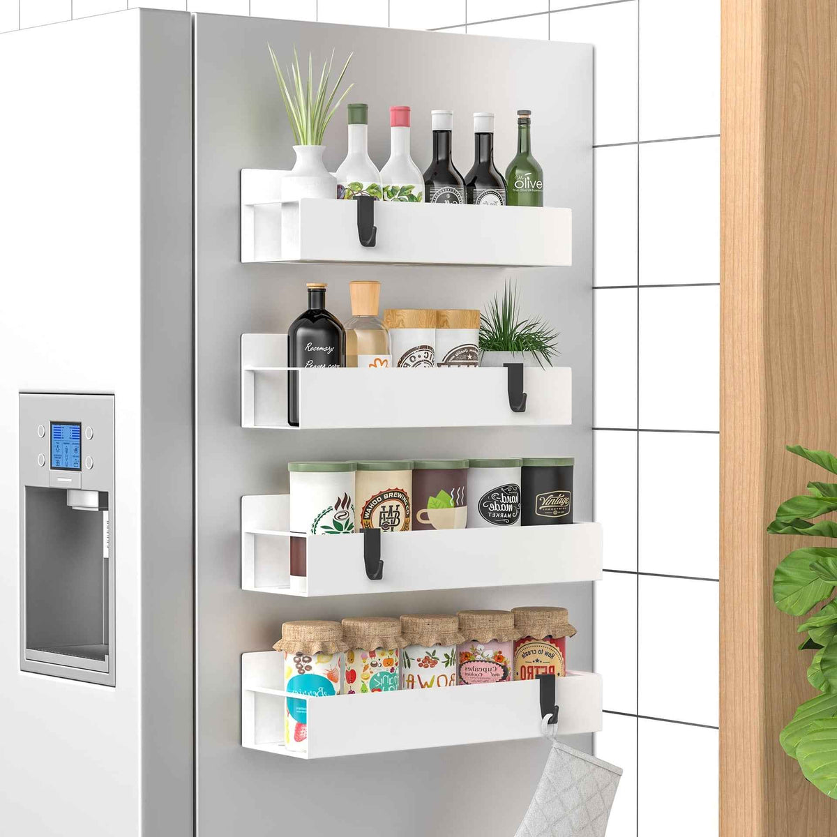 Magnetic Refrigerator Shelf 4 Layer White Fridge Side Spice Rack Storage Organizer
