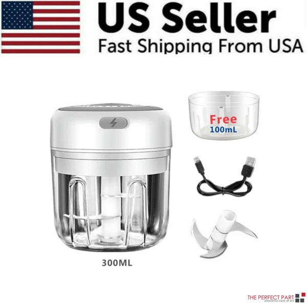 Small food chopper with accessories on a white background, featuring 'US Seller' text and an American flag.