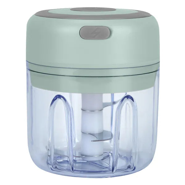 A small electric meat chopper with a mint green plastic top and a clear plastic container showing the white blade assembly inside, set against a plain white background.
