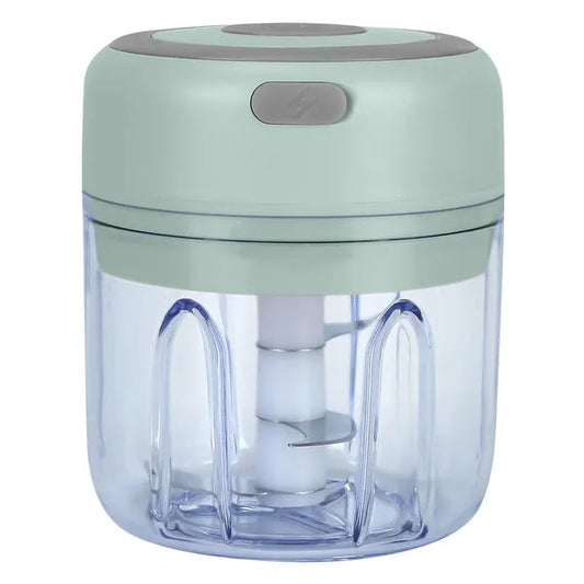 A small electric meat chopper with a mint green plastic top and a clear plastic container showing the white blade assembly inside, set against a plain white background.