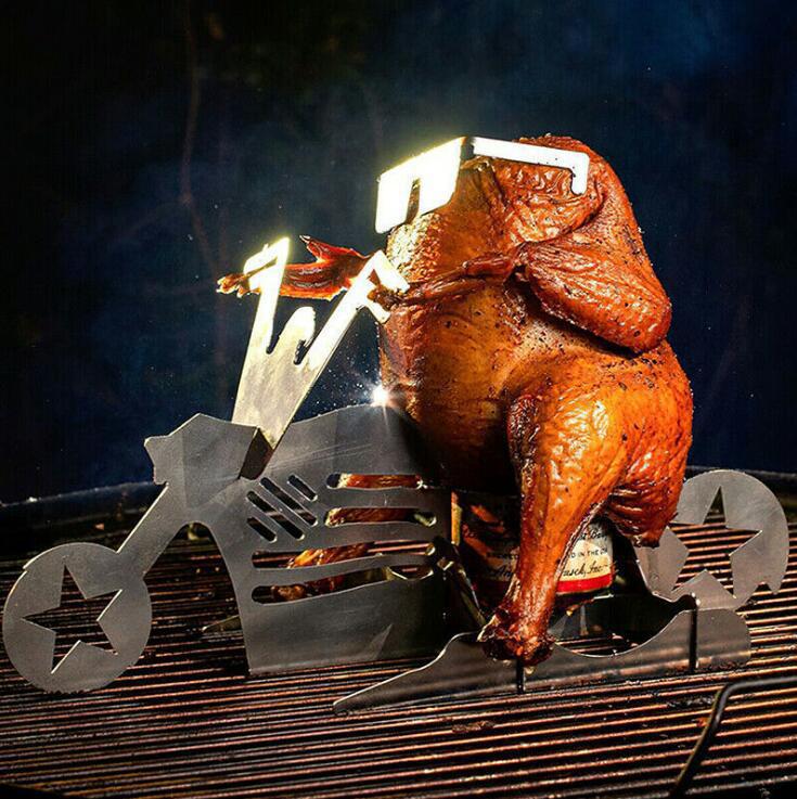 Roasted chicken on a decorative grill stand with a dark background