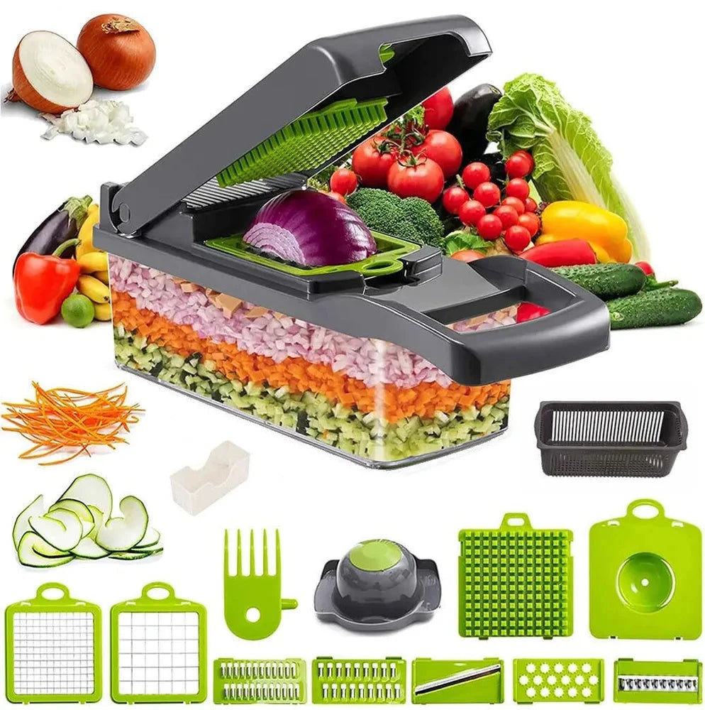 Multifunctional kitchen slicer with various attachments and chopped vegetables on a white background