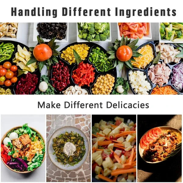 Collage of various ingredients and prepared dishes with text about handling different ingredients to make different delicacies.
