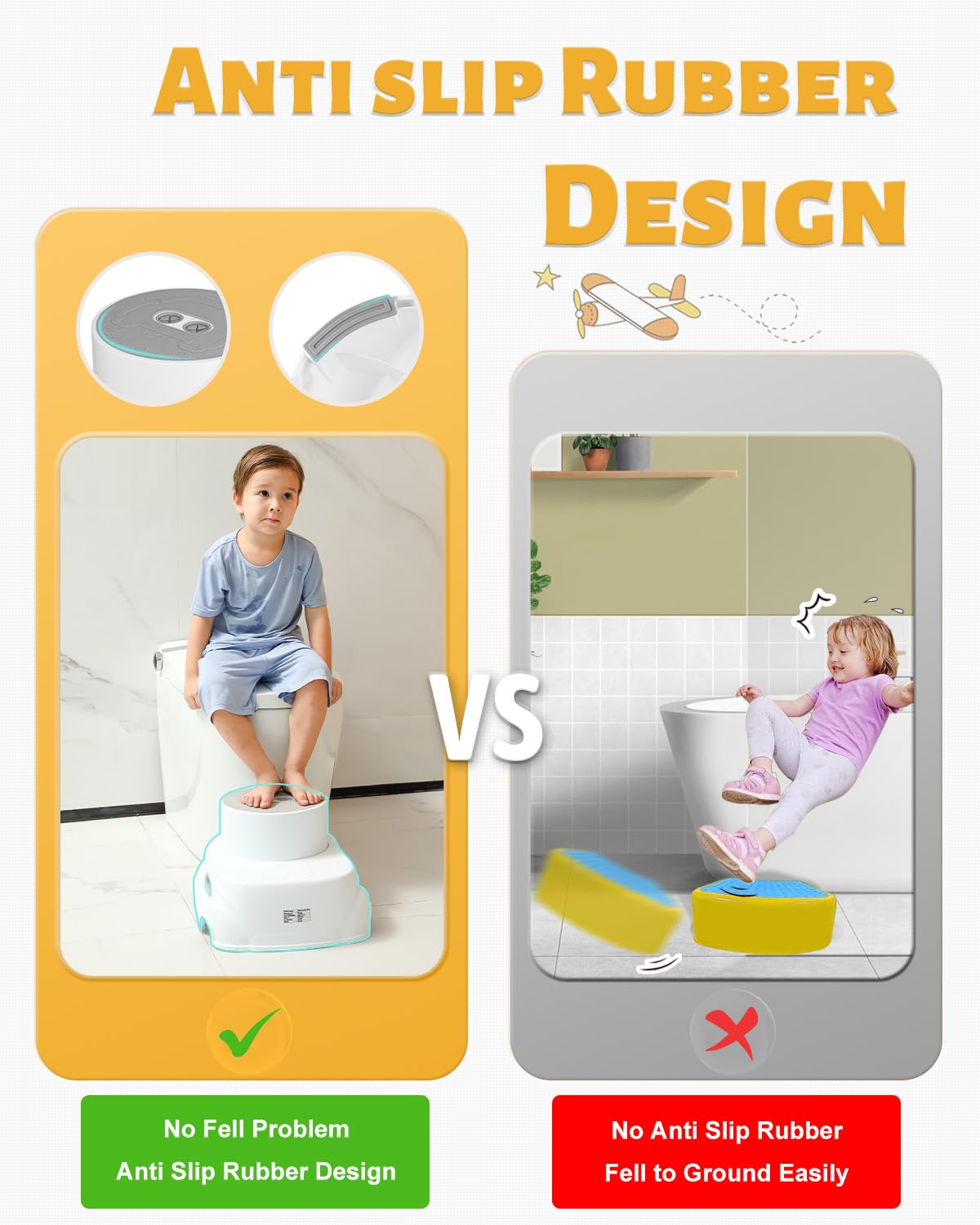Comparison of a child using a potty with anti-slip rubber design versus a child without it, on a white background.