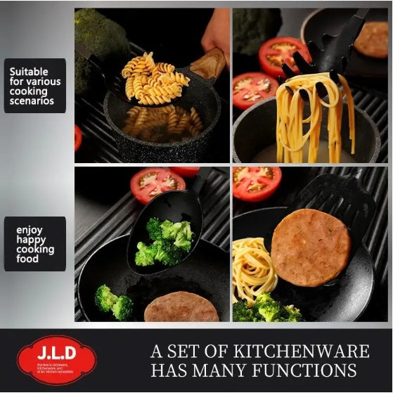 Collage of kitchenware with food items on a black background, featuring J.L.D brand.