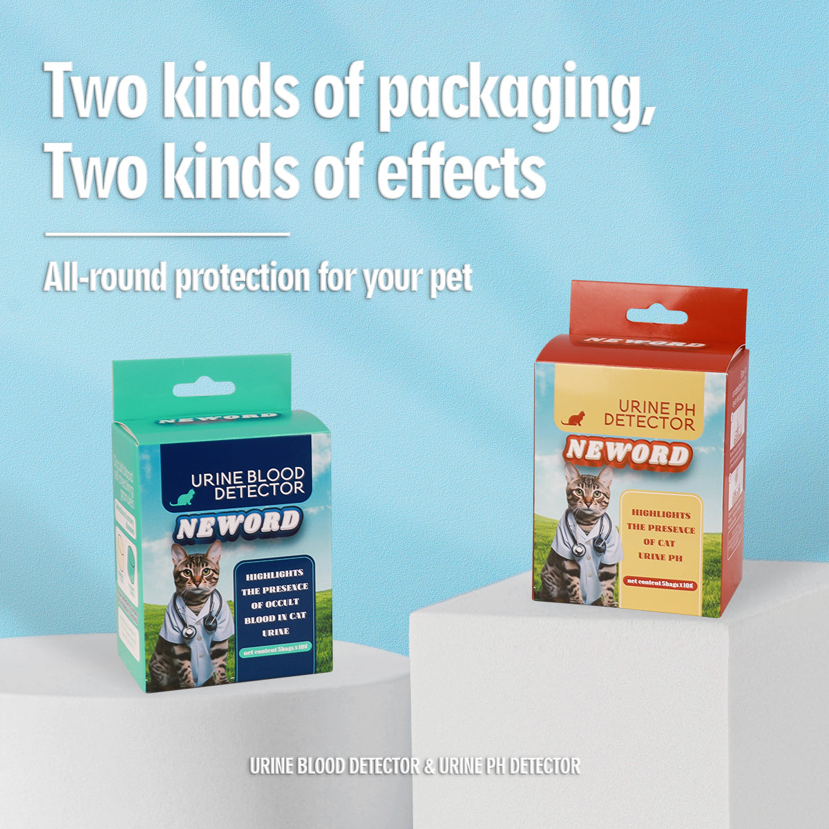 Two packaging boxes for pet health products on a light blue background