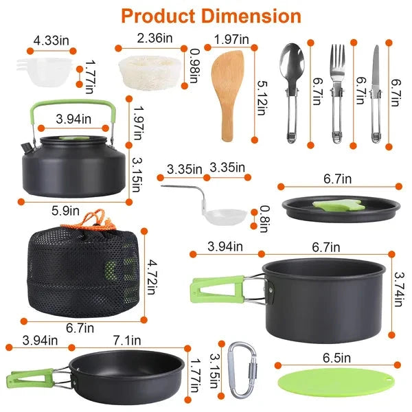 Product dimension diagram showing multiple camping cookware items with measurement labels and orange dimension lines on a white background.